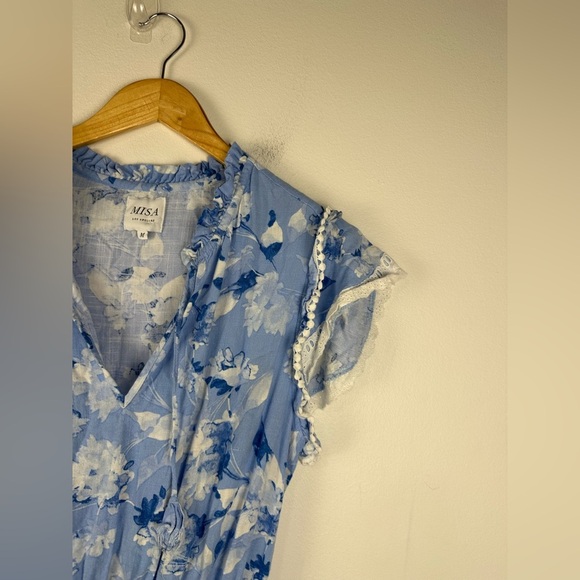 Misa Los Angeles Lilian Dress Blue Tiered Linen Floral Mini Ruffle Women’s Sz M - Picture 4 of 8